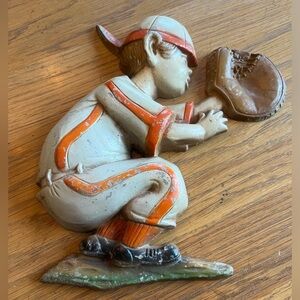 Vintage Sexton Metal Wall Hanging Boy Playing Baseball. 1970 USA 9”